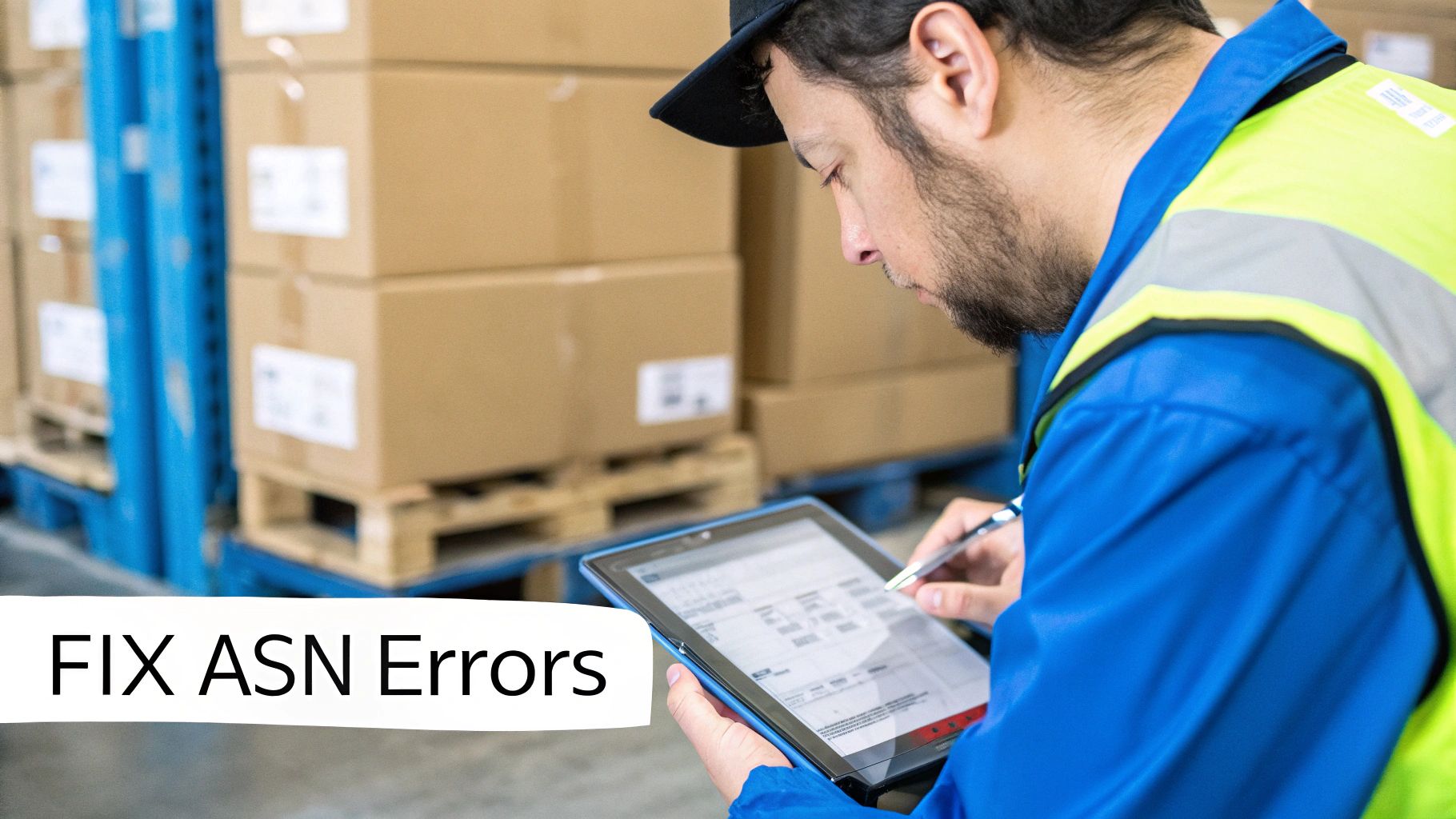 Man in safety vest uses a digital tablet to fix ASN errors in a busy warehouse with stacked boxes.
