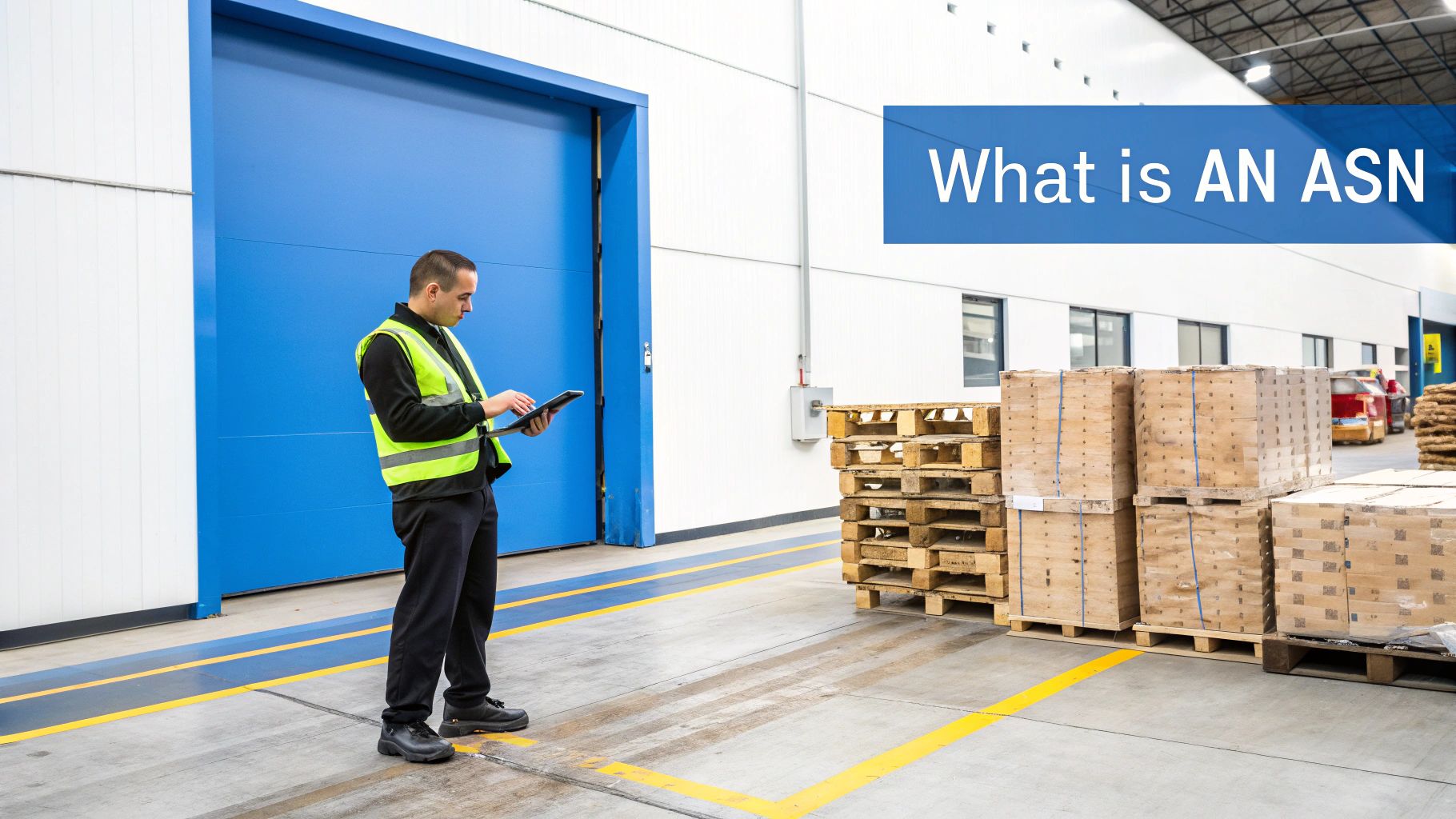 A worker in a high-visibility vest scans items with a tablet in a modern warehouse, surrounded by pallets and boxes, illustrating supply chain operations.