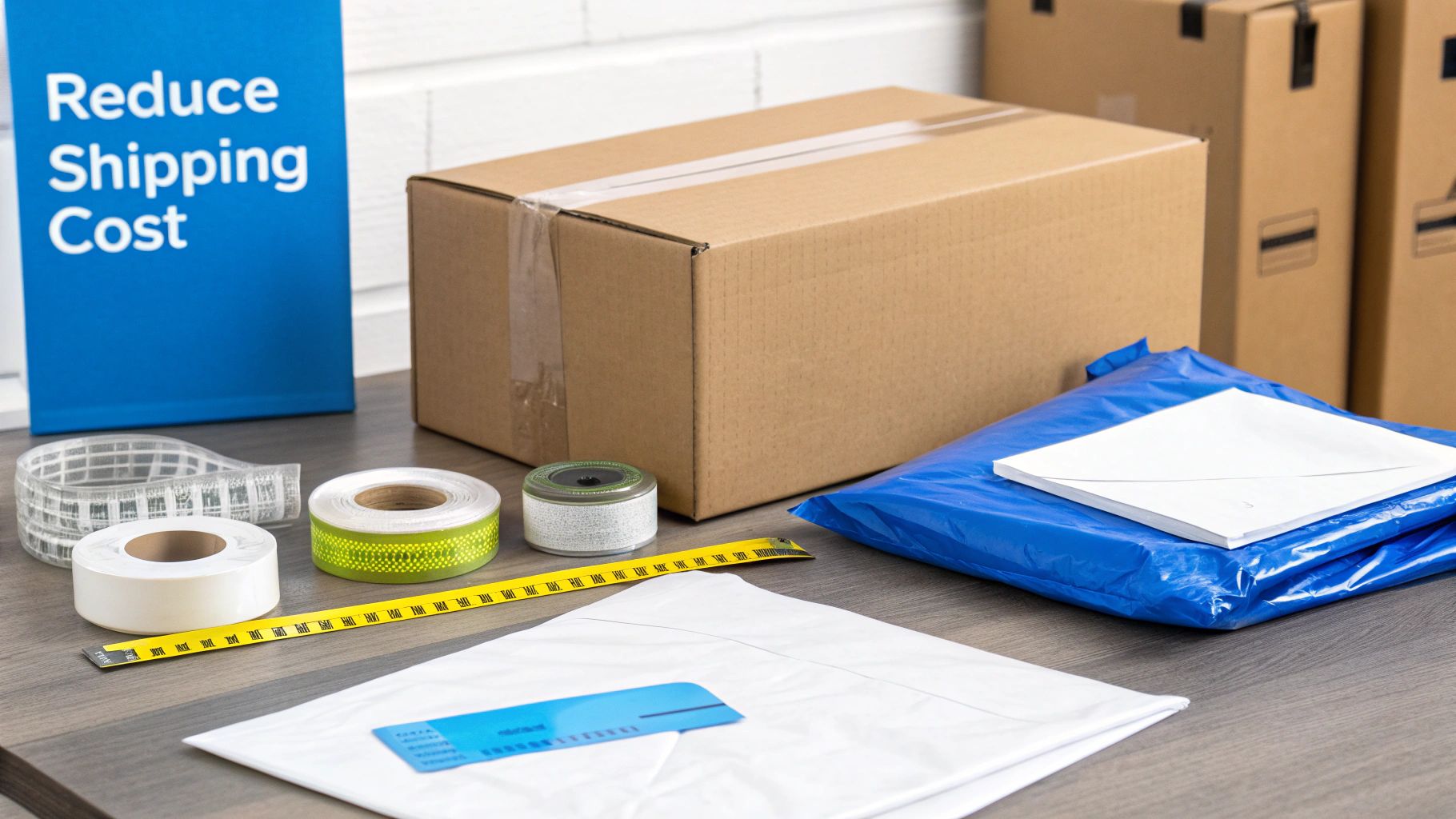 Shipping supplies like cardboard boxes, mailers, tape, and measuring tape on a desk to reduce shipping costs.