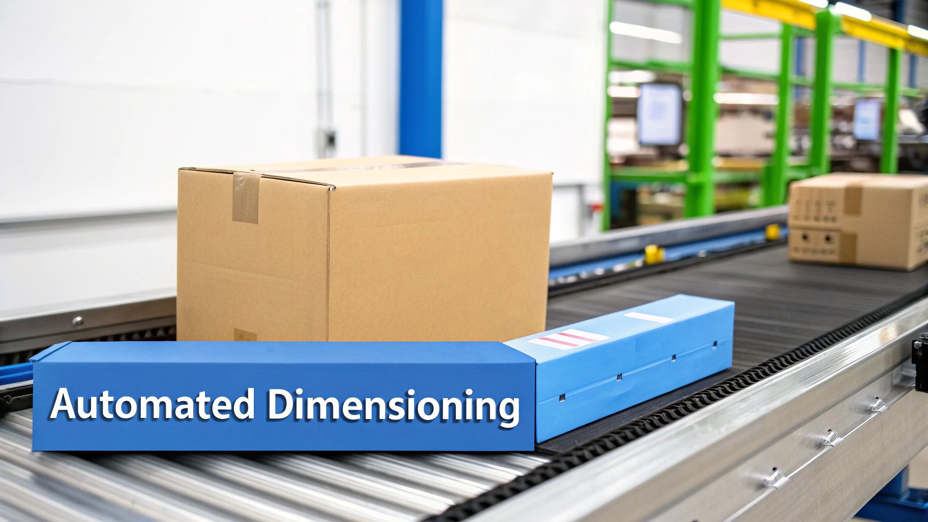 Packages on a conveyor belt in a logistics facility, illustrating automated dimensioning for shipping.