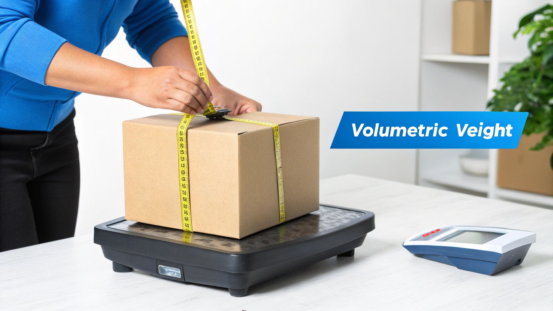 Person measures a cardboard box on a digital scale with a yellow tape measure to calculate volumetric weight.