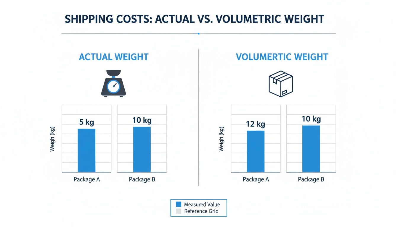 Bar charts comparing actual and volumetric weights for packages A and B, illustrating shipping cost factors.
