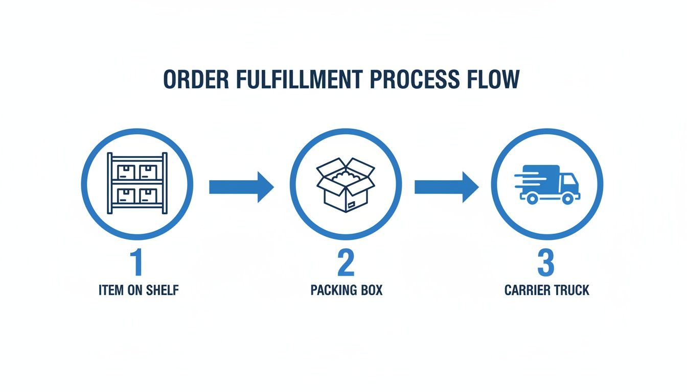 Visual representation of the order fulfillment process flow, showing items on shelf, packing, and carrier truck delivery.