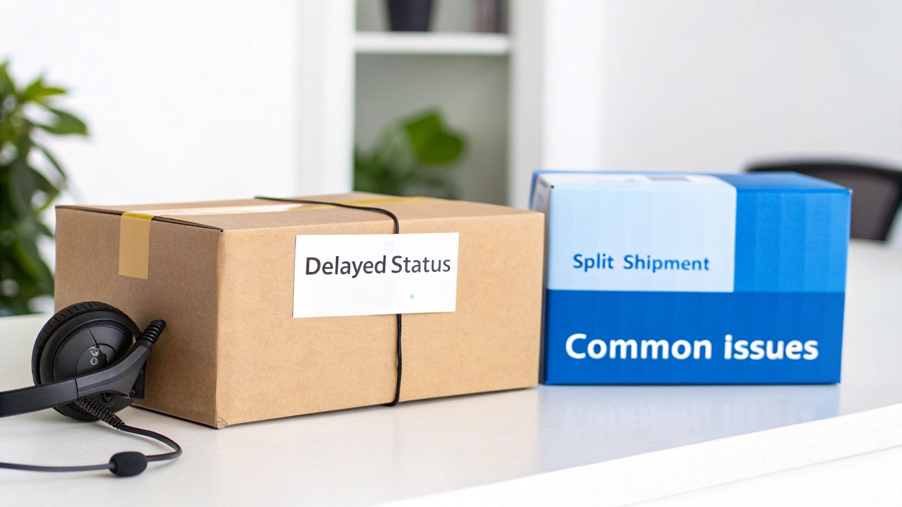 Two boxes representing shipping problems: 'Delayed Status' with a headset and 'Split Shipment, Common issues'.