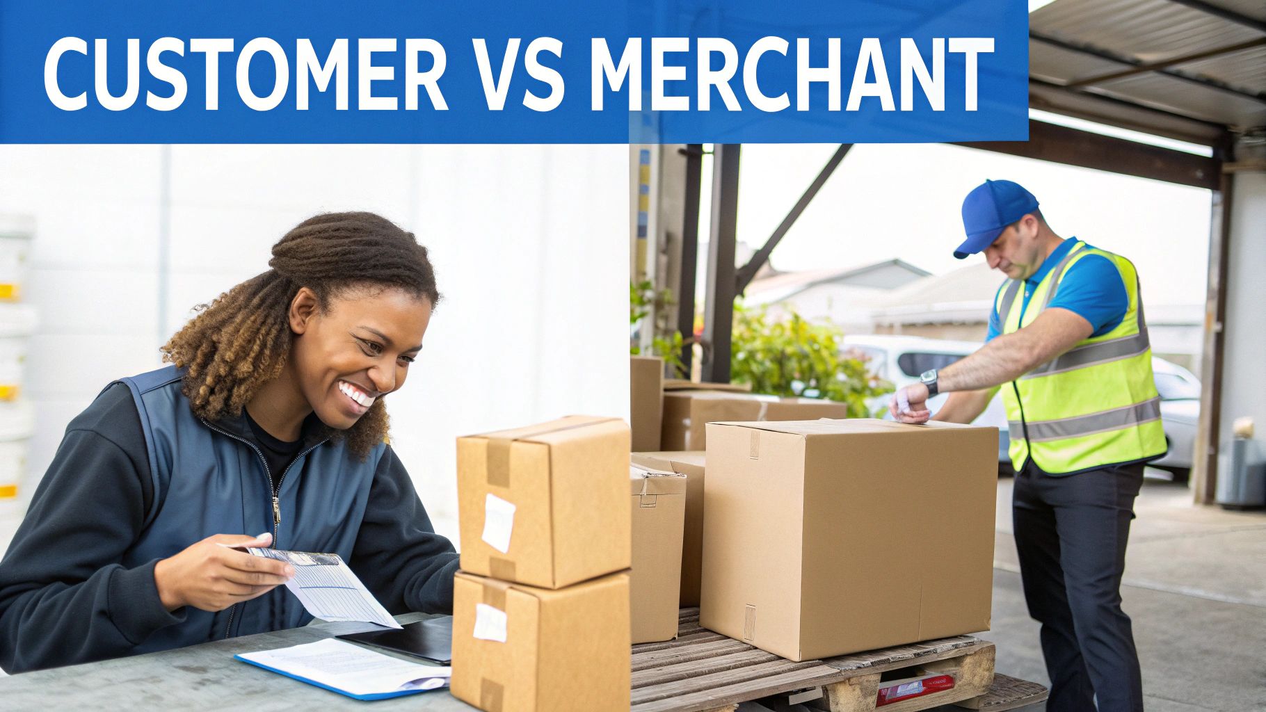 Smiling customer reviews order details, while merchant packs a box for shipping and delivery.