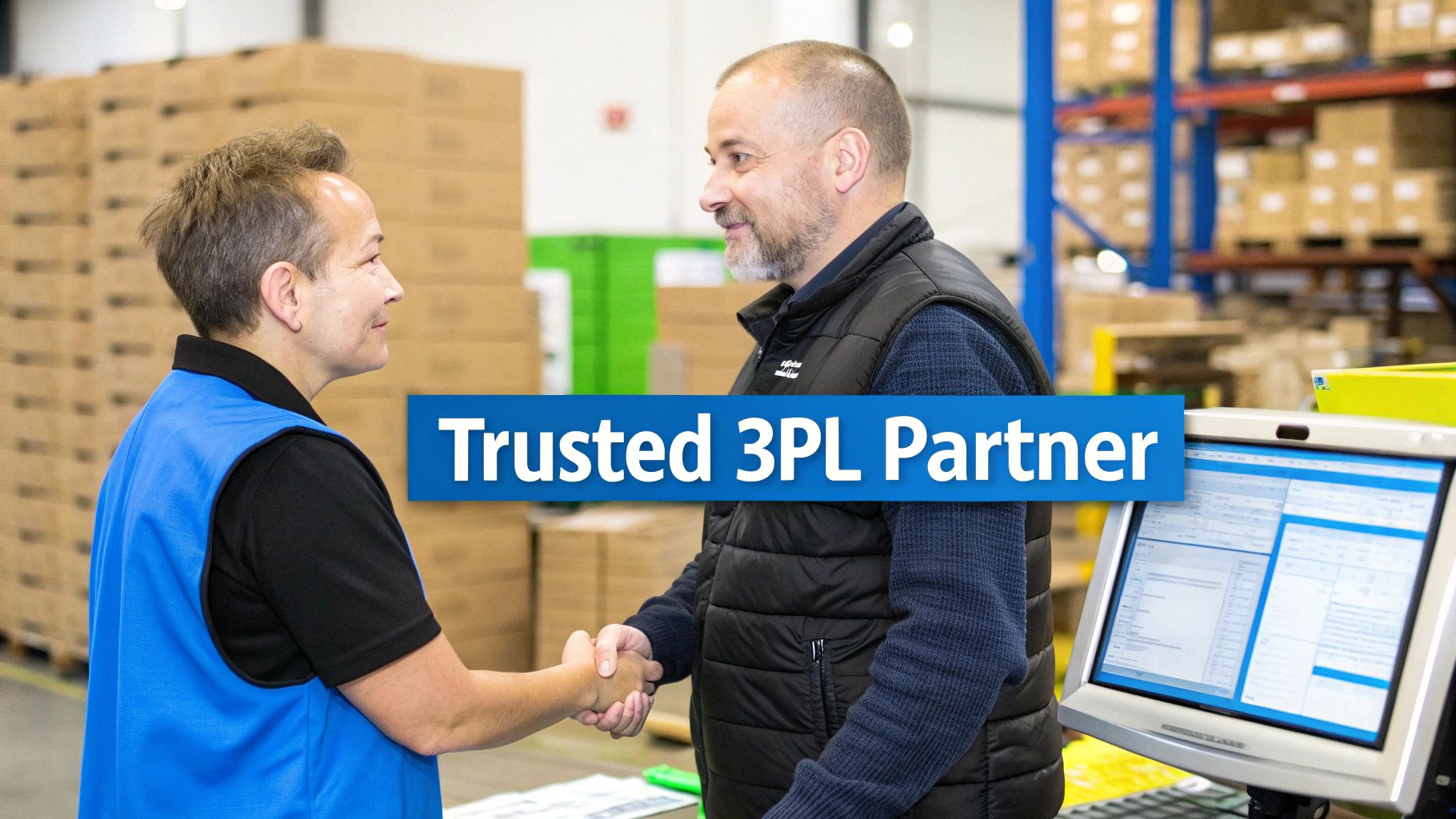 Two men shaking hands in a busy warehouse, symbolizing a trusted 3PL logistics partnership.