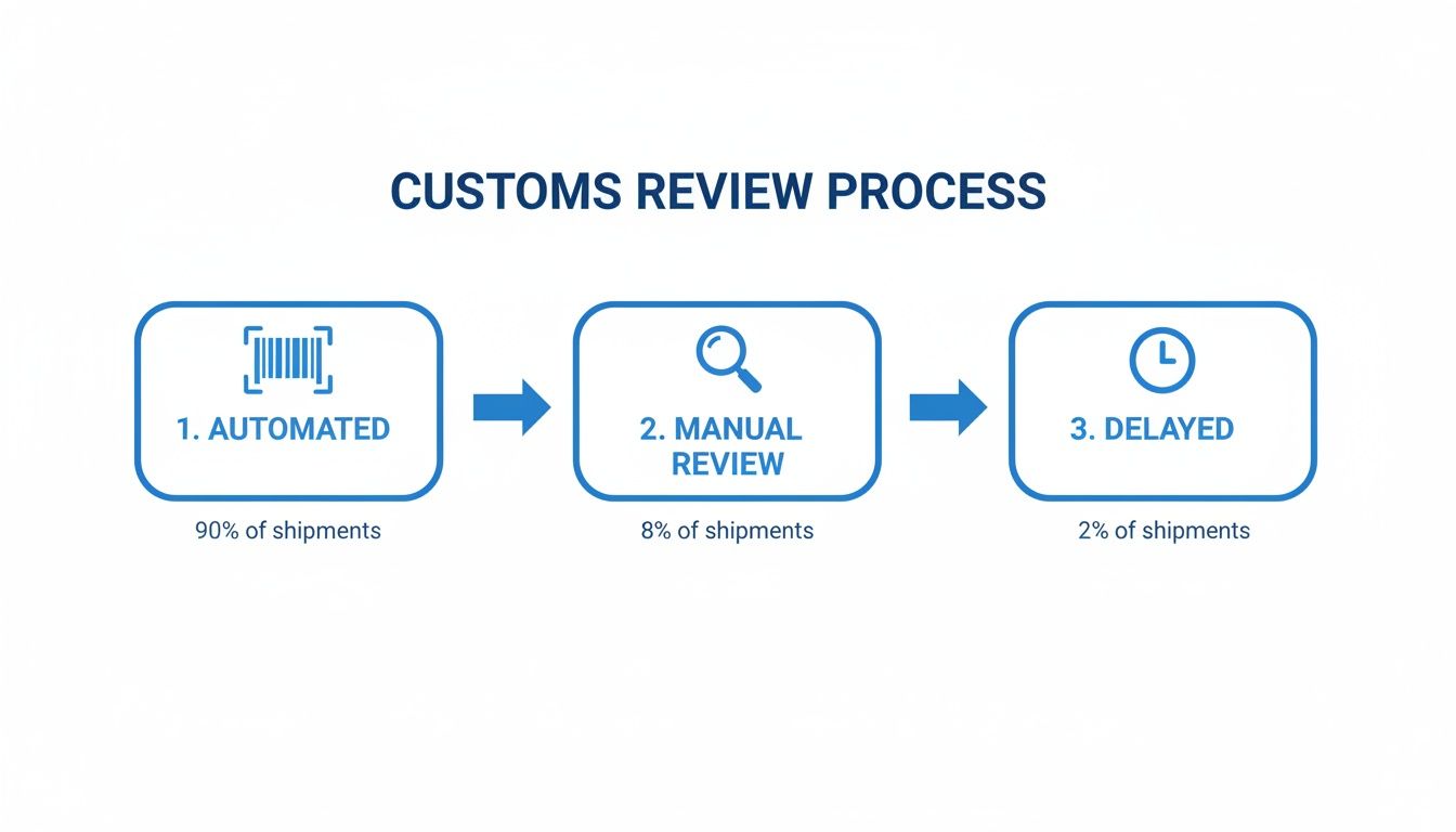 Flowchart illustrating the customs review process: 90% automated, 8% manual review, and 2% delayed shipments.