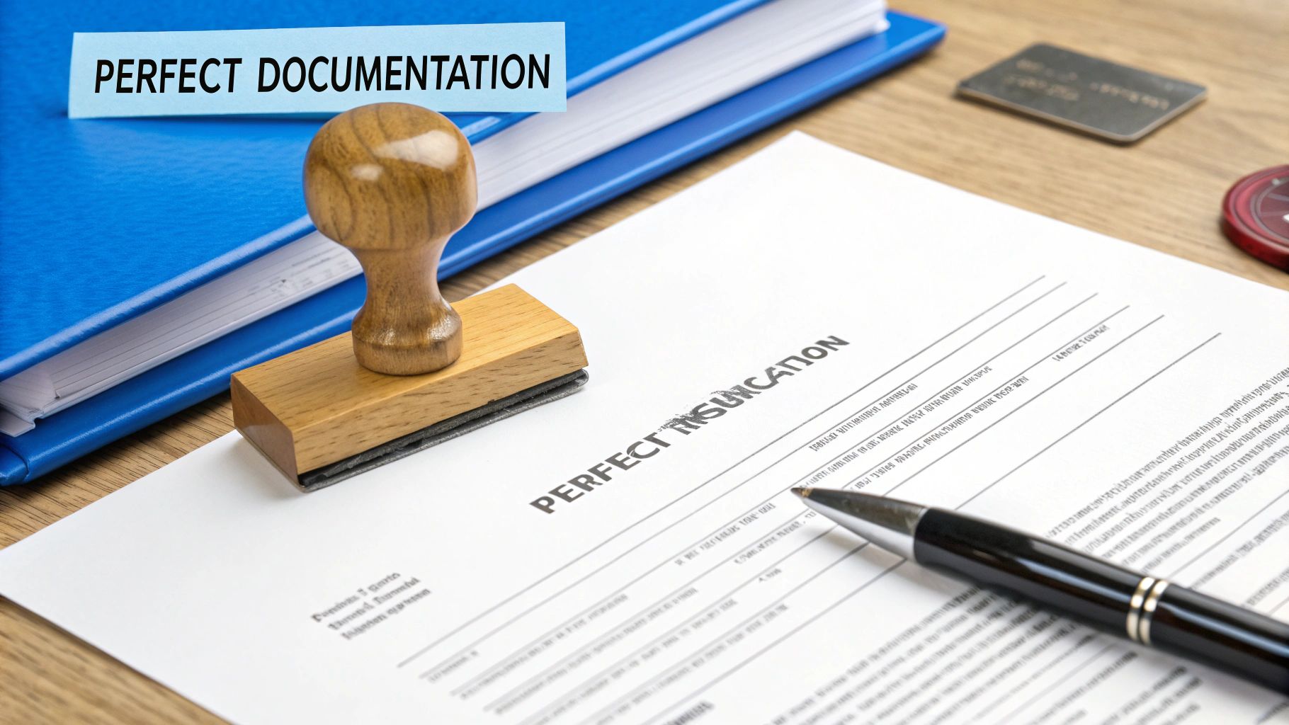 A desktop view with blue folders, a document with 'PERFECT DOCUMENTATION' note, a stamp, and a pen.