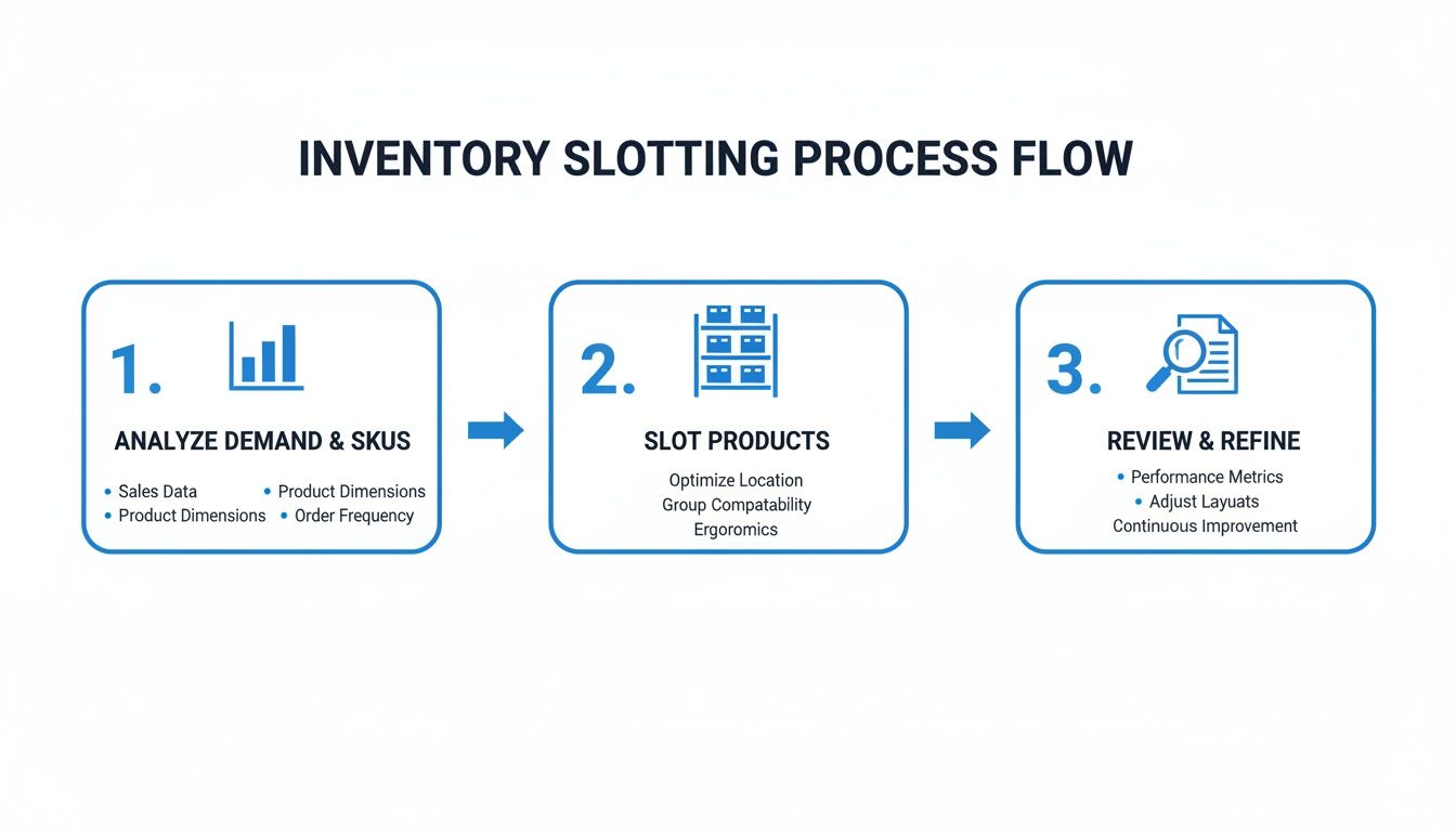 A flow chart illustrating the three-step inventory slotting process for warehouse optimization.