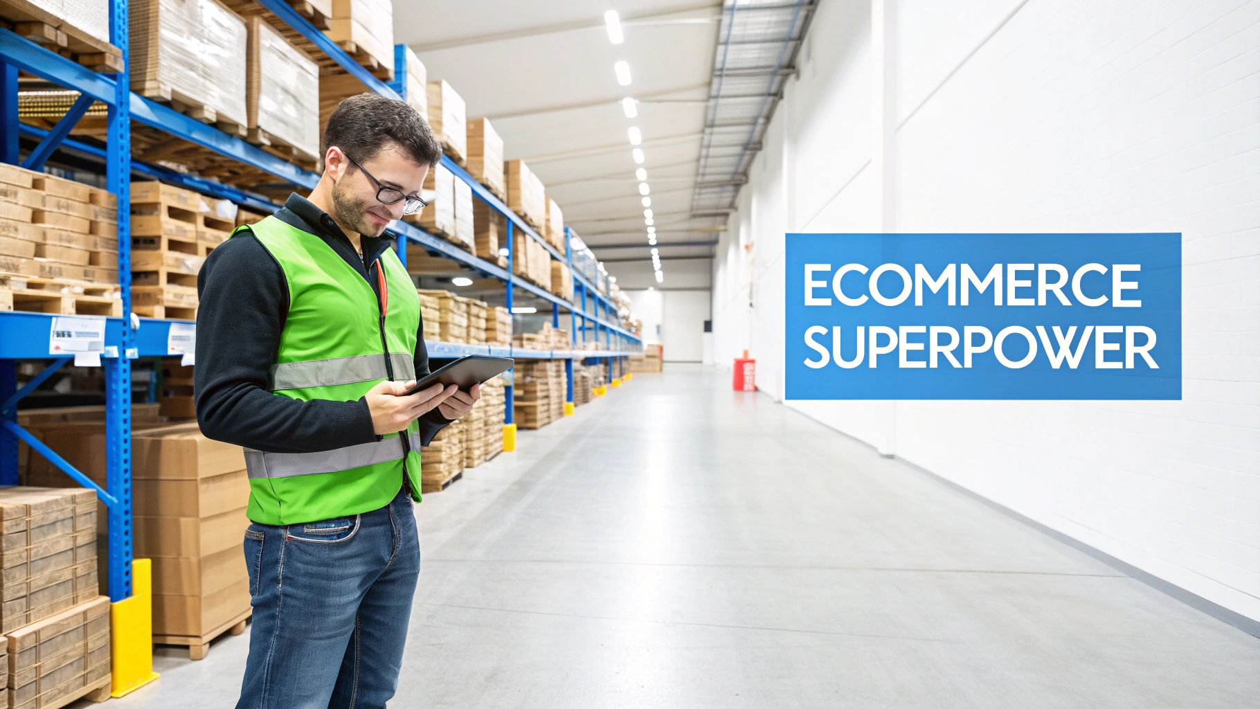 Worker in a warehouse uses a tablet, with 'ECOMMERCE SUPERPOWER' text on a blue banner.