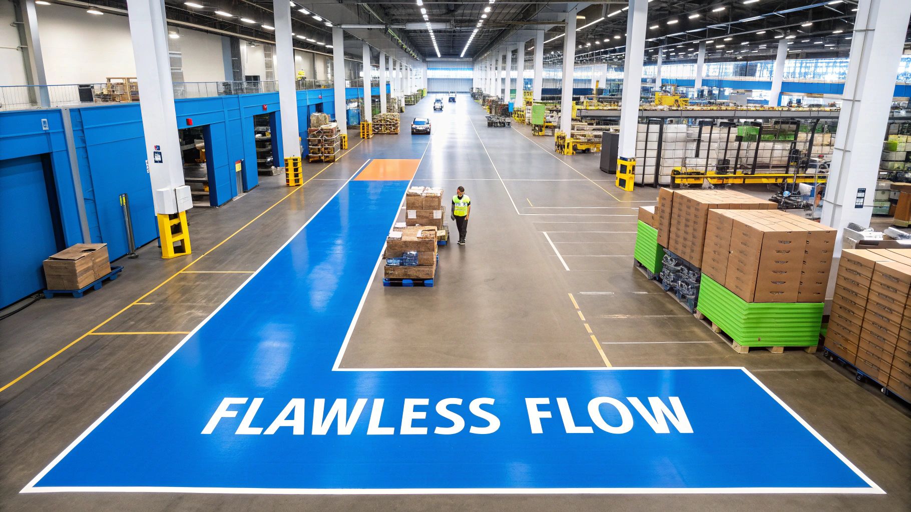 Spacious, well-lit warehouse with a blue 'Flawless Flow' floor path, a worker, and stacked merchandise.