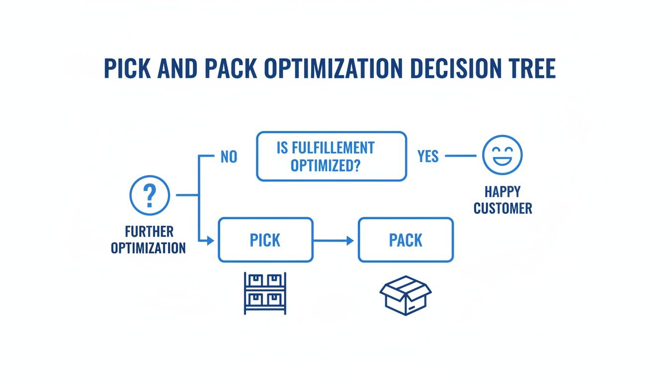 A decision tree diagram illustrating the pick and pack optimization process for customer fulfillment.