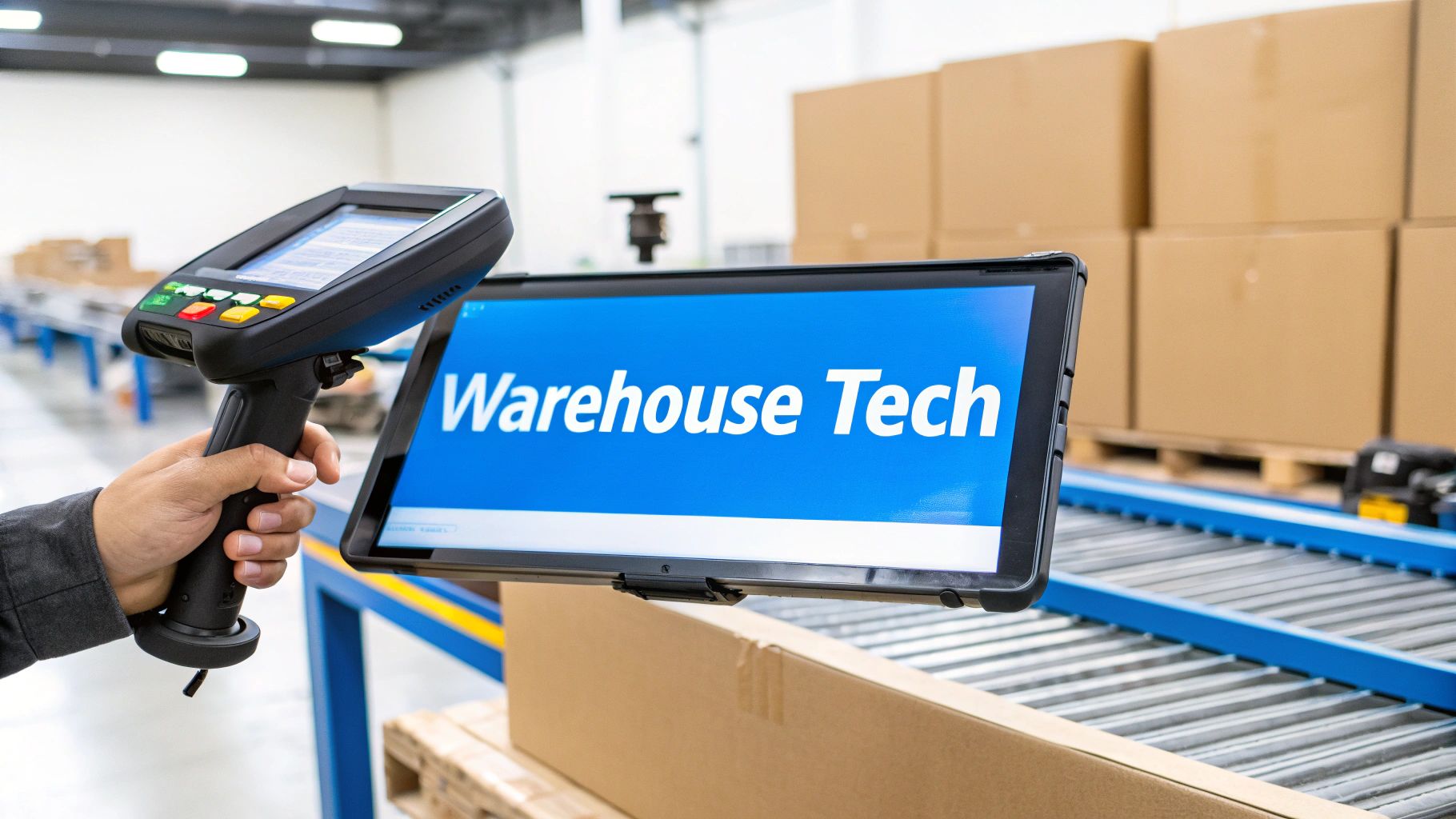 A person uses a handheld scanner with a tablet displaying 'Warehouse Tech' on a conveyor belt in a logistics facility.