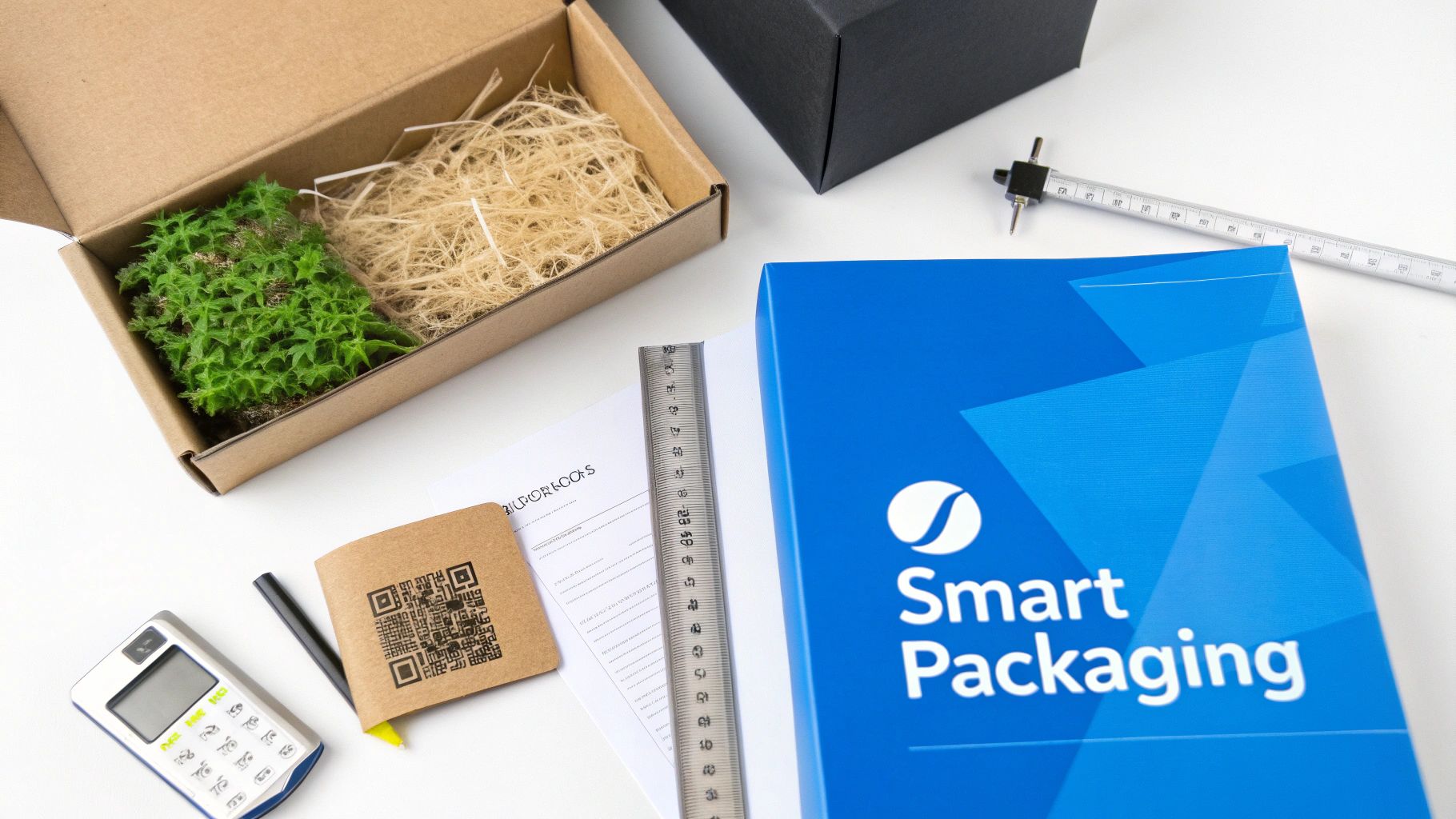 Overhead view of various packaging items, including a plant, straw, boxes, and a 'Smart Packaging' branded box.