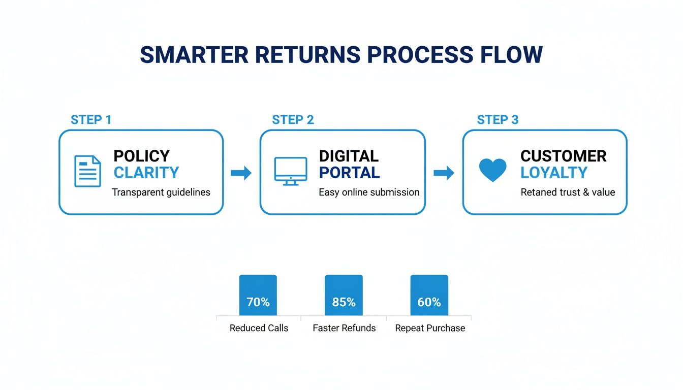 Infographic illustrating a smarter returns process flow with steps for policy clarity, digital portal, and customer loyalty, showing benefits like reduced calls and faster refunds.