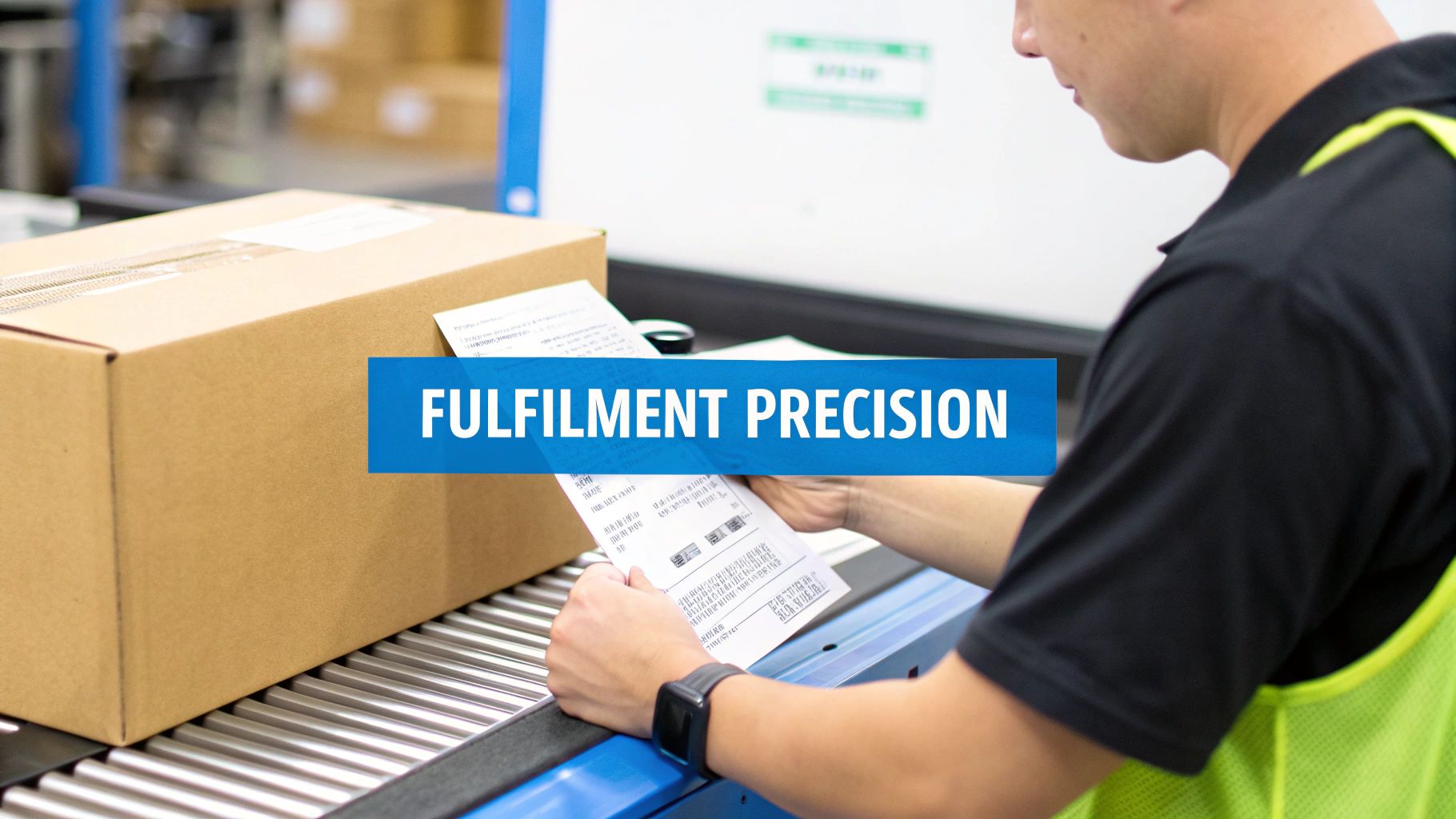 A worker in a high-visibility vest inspects a shipping label on a package on a conveyor belt, emphasizing fulfillment accuracy.