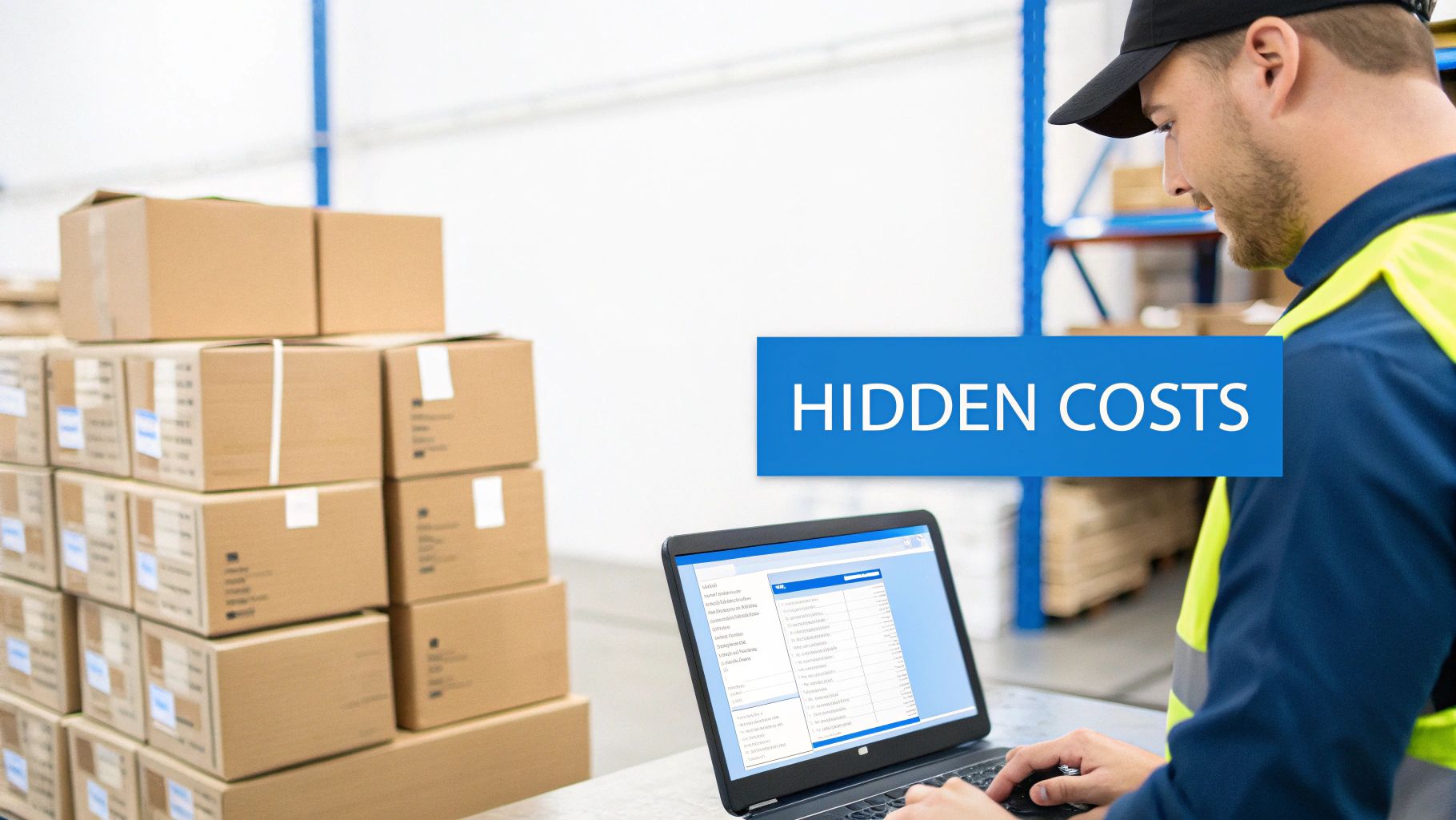 Man in a warehouse using a laptop near stacked boxes, with a banner saying 'Hidden Costs'.