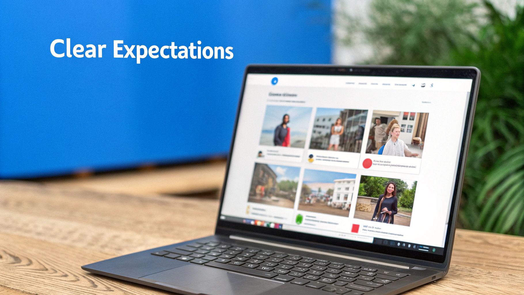 A laptop on a wooden desk displaying various photos, with 'Clear Expectations' text on a blue background.
