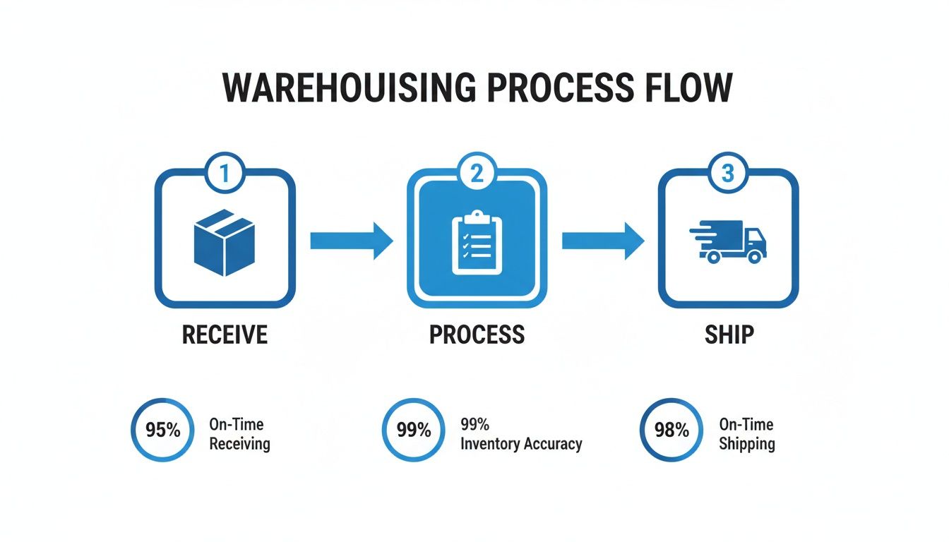 Flowchart illustrating the warehousing process: receiving, processing, and shipping, with key performance indicators.