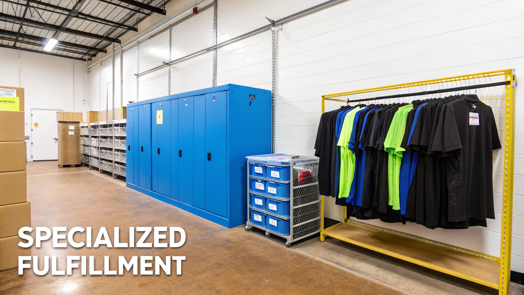 A specialized fulfillment center with clothing racks, blue storage lockers, and organized inventory.