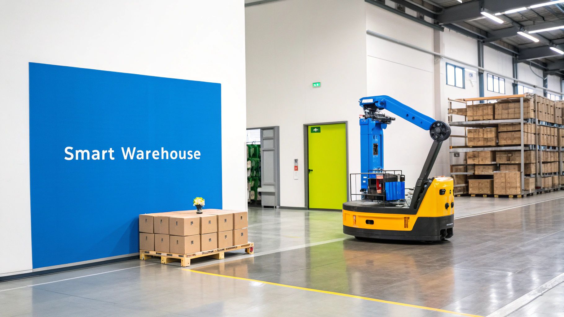 An automated smart warehouse interior featuring a robotic arm, pallet of boxes, and storage shelves.