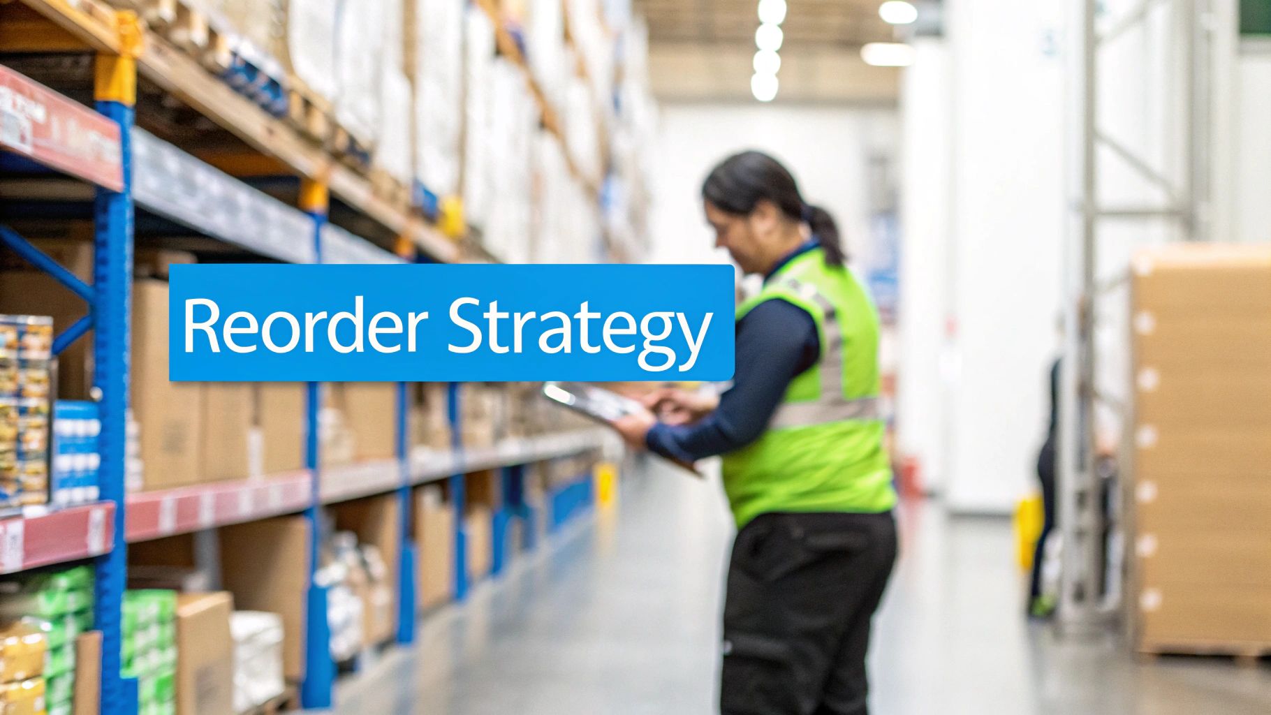 Warehouse worker with a tablet managing inventory amidst shelves, with 'Reorder Strategy' text overlay.