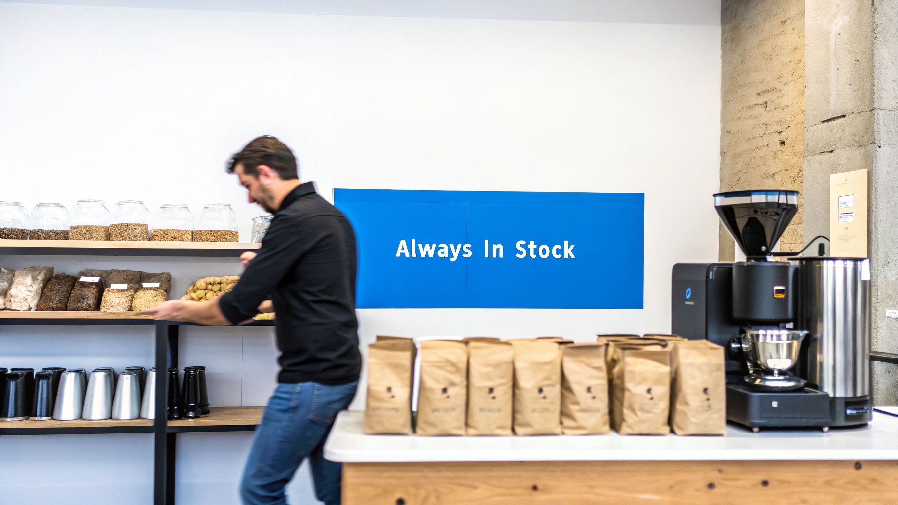 Man restocking shelves with bulk goods in a store, with 'Always In Stock' sign and coffee equipment.