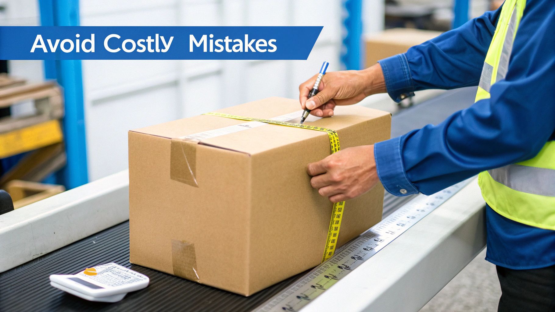 A worker measures and marks a cardboard box on a conveyor belt in a warehouse to avoid mistakes.