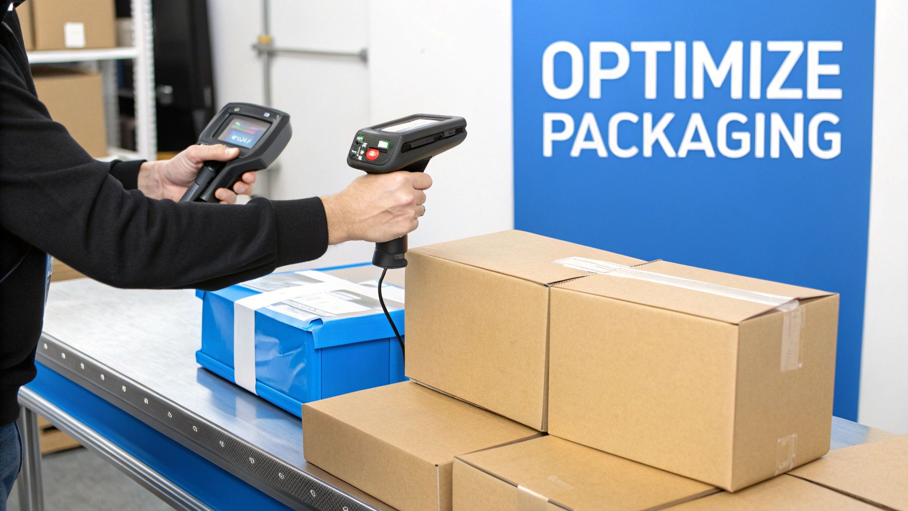 A person scans packages on a conveyor belt using two handheld devices, next to an 'OPTIMIZE PACKAGING' sign.