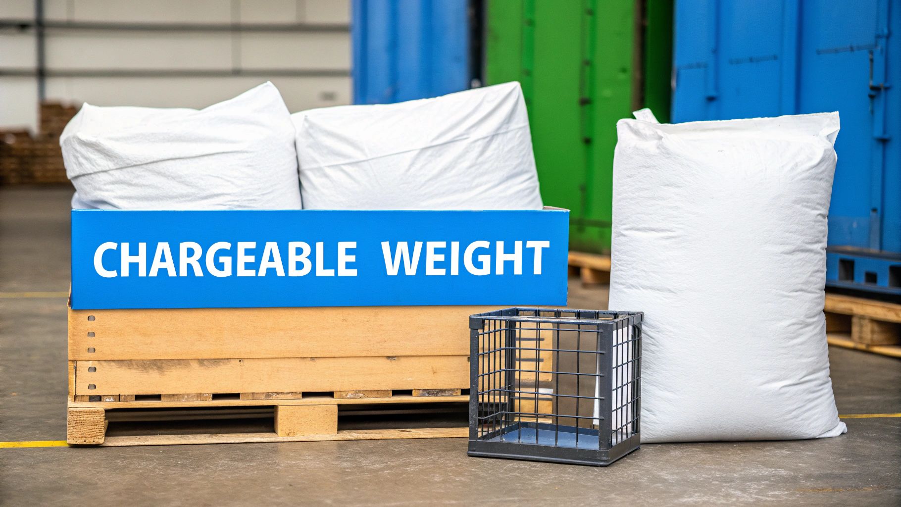A blue sign on wooden pallets displays 'CHARGEABLE WEIGHT' amidst white bags and a crate in a warehouse.