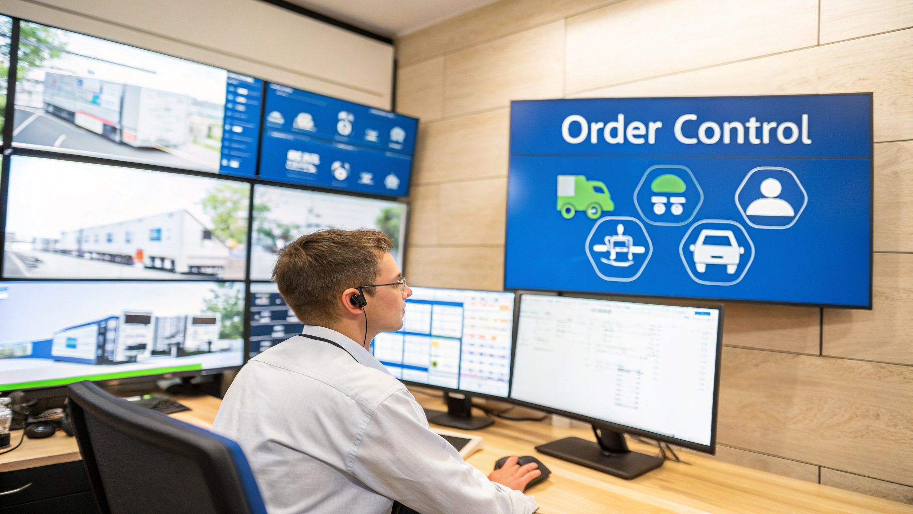 Man in a control room monitors multiple screens displaying order control and logistics data.