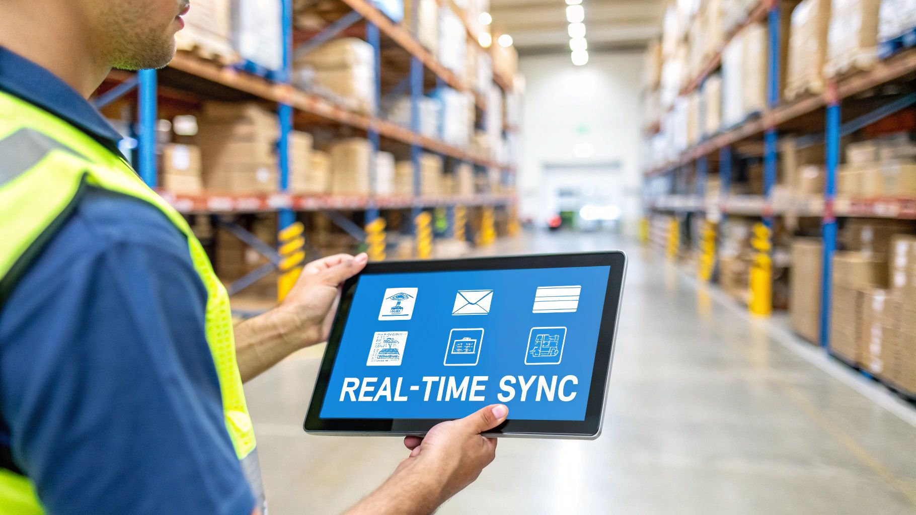 A worker in a safety vest holds a tablet displaying 'REAL-TIME SYNC' in a warehouse.
