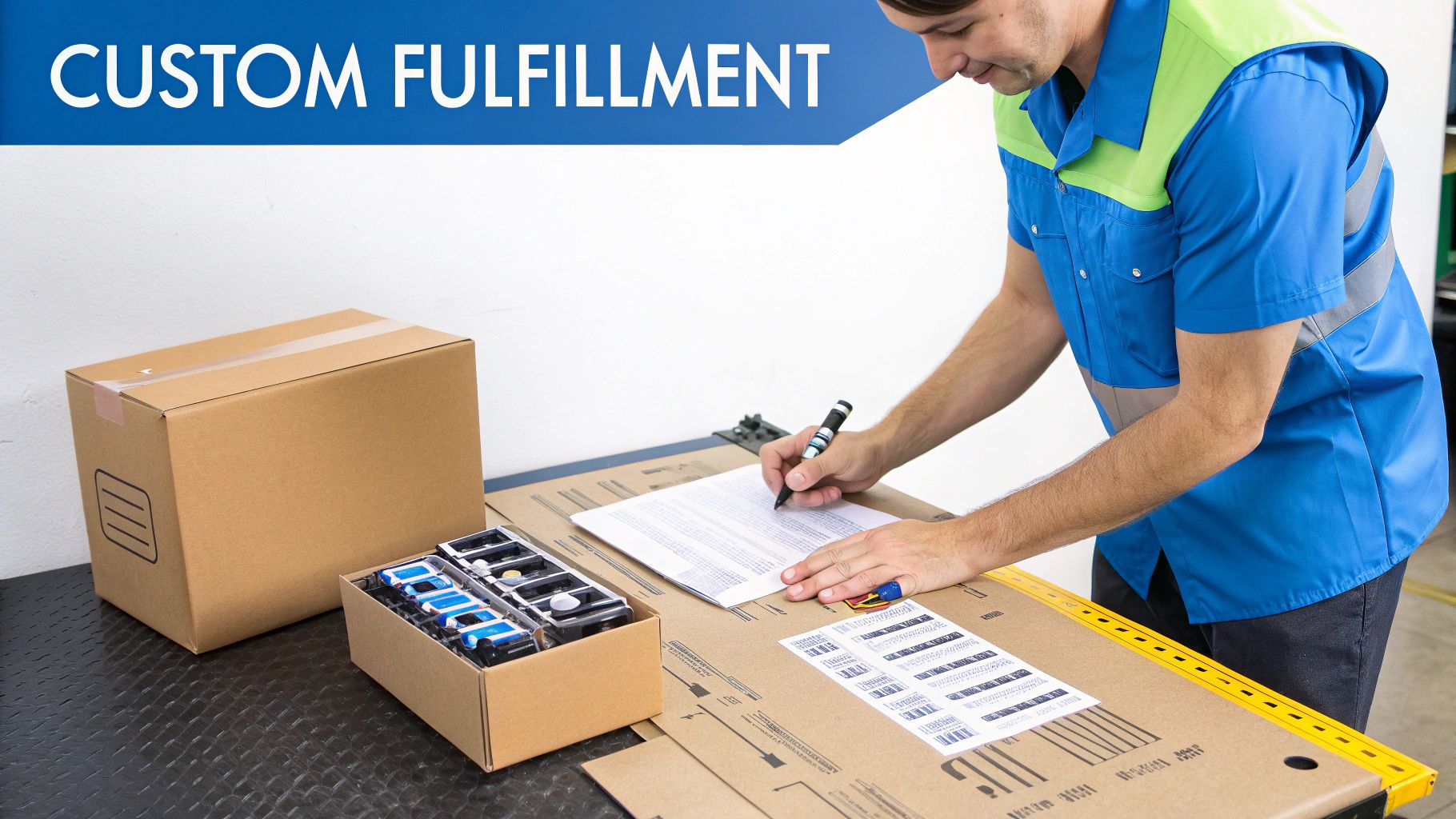 A worker in a uniform signs documents on a table next to custom fulfillment boxes with electronic parts.