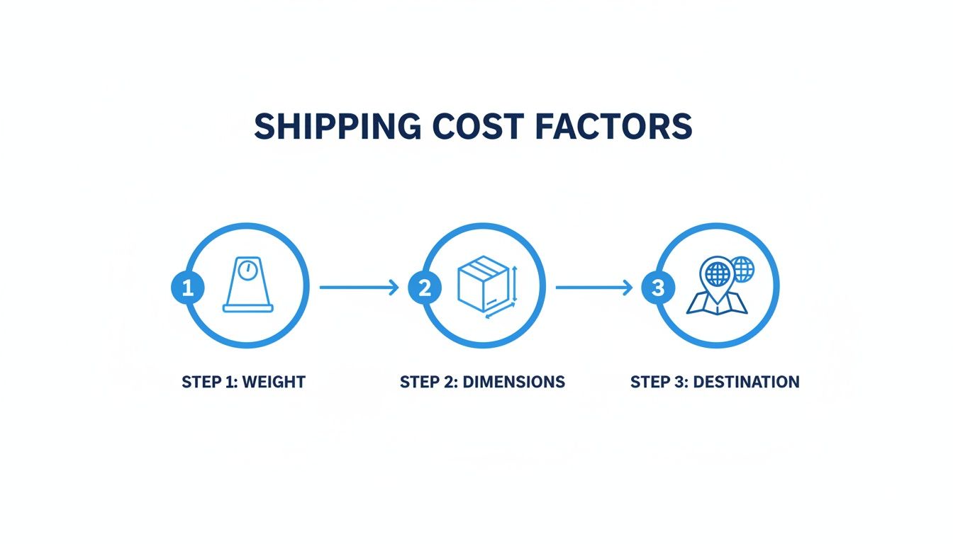An infographic detailing the three essential steps for calculating shipping costs: weight, dimensions, and destination.
