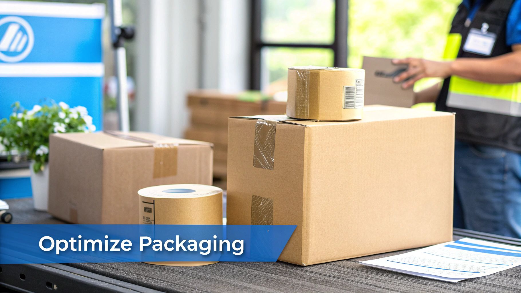Logistics scene with various cardboard boxes, packaging tape, and a worker in a high-visibility vest.