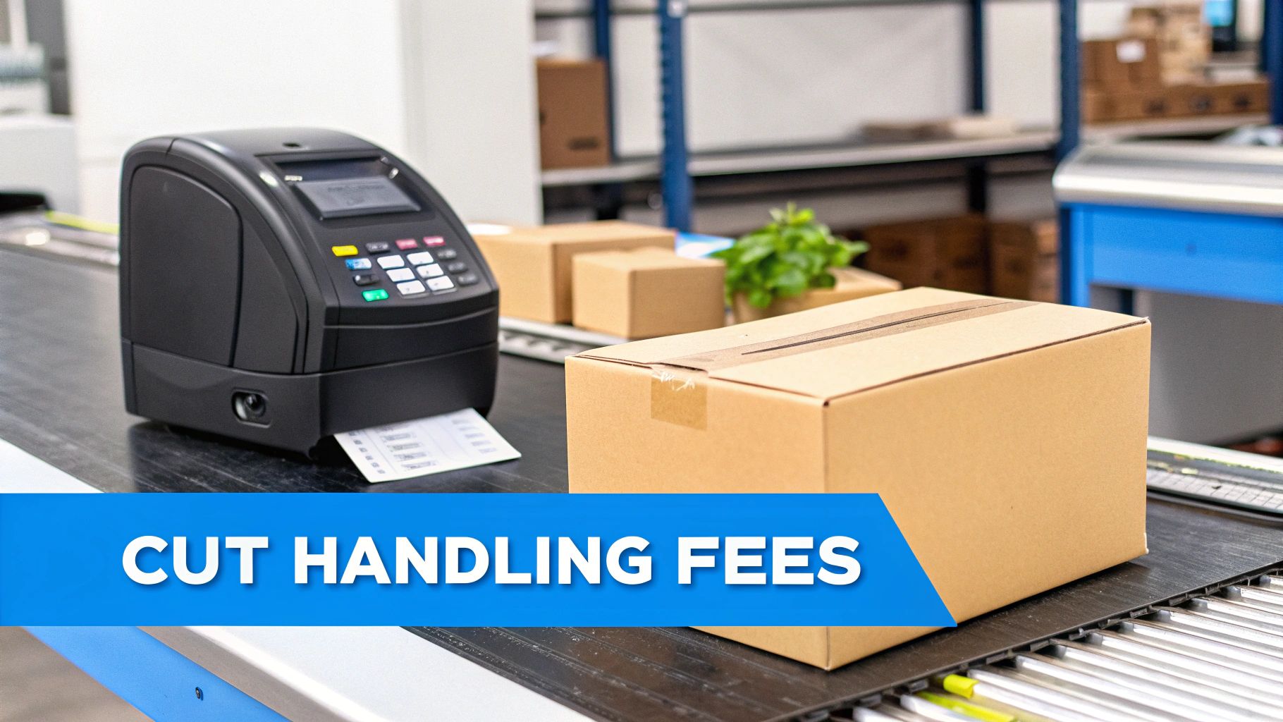 A parcel processing machine weighing a cardboard box on a conveyor belt in a logistics warehouse.