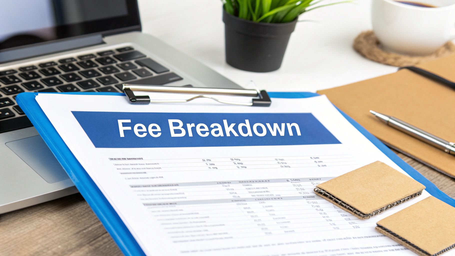 A detailed fee breakdown document on a blue clipboard, with a laptop and desk items in the background.