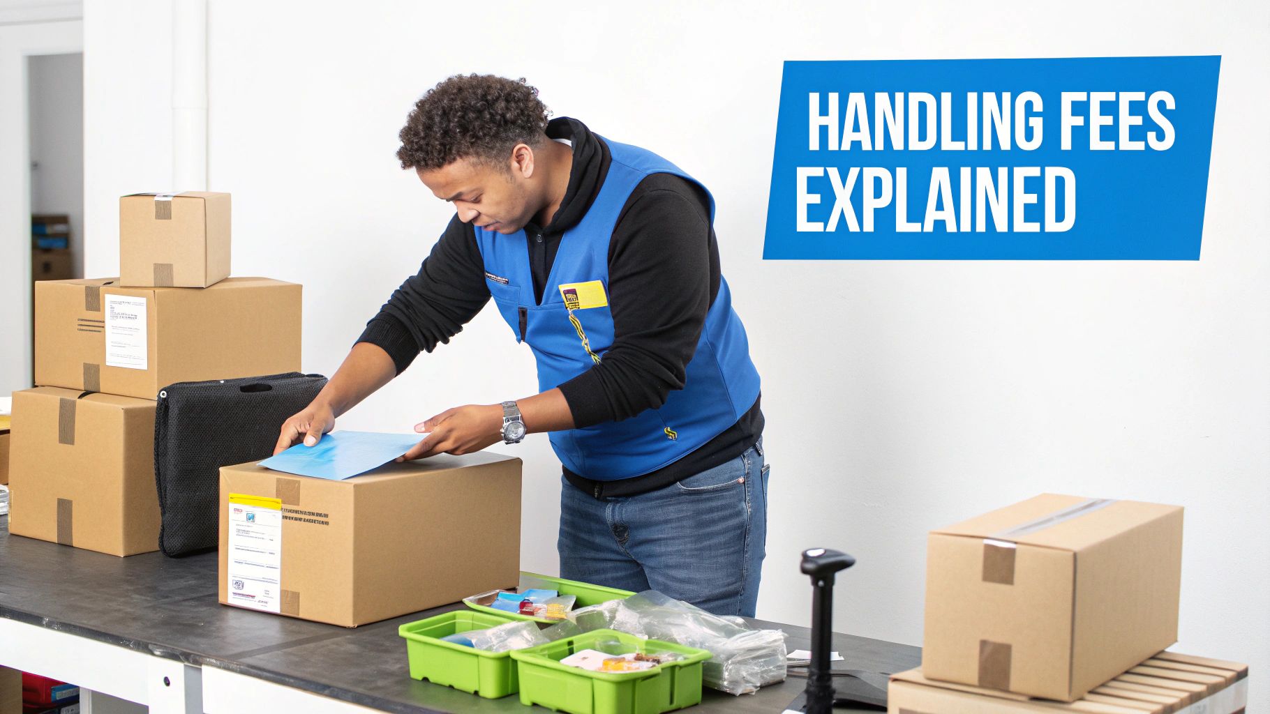 A man in a blue vest sorts packages on a table with boxes and supplies, next to a 'Handling Fees Explained' sign.