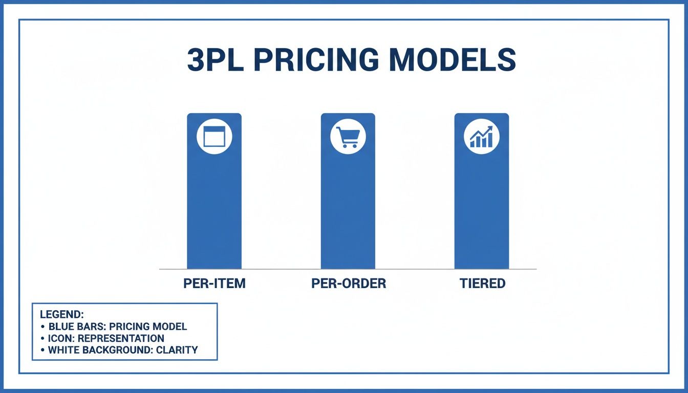 Infographic showing three 3PL pricing models: Per-Item, Per-Order, and Tiered.