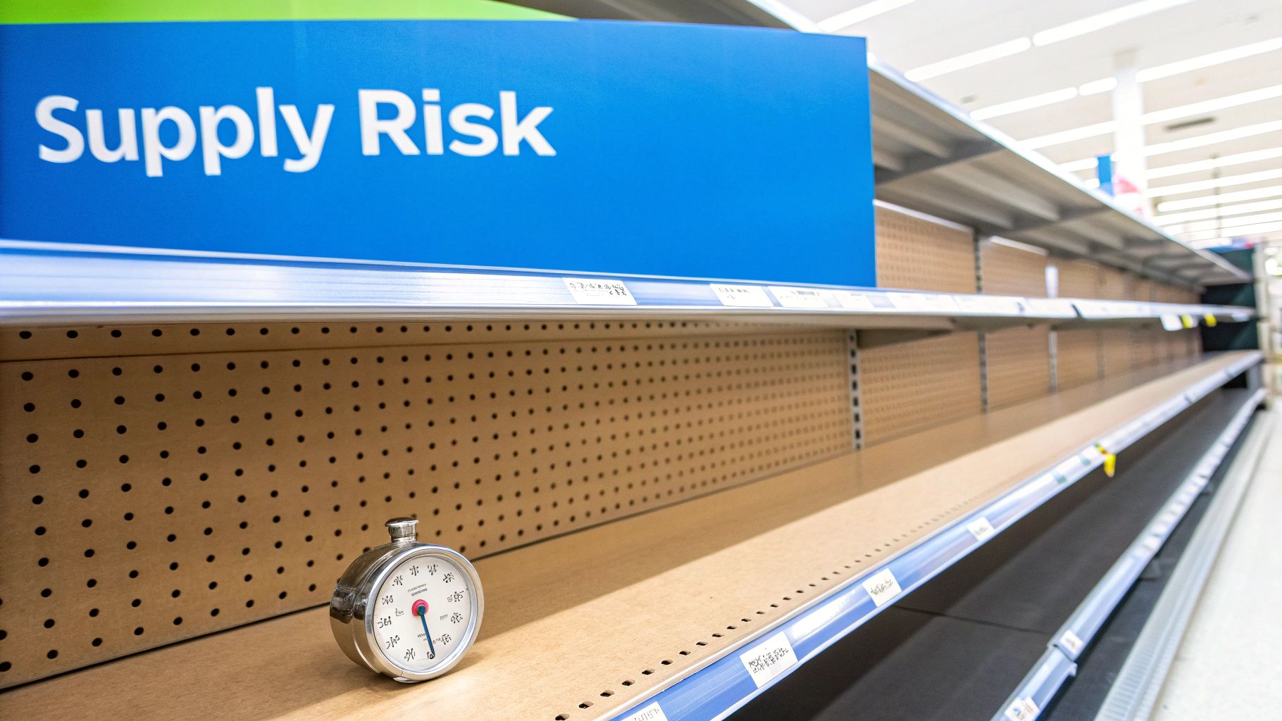 Empty store shelves with a 'Supply Risk' sign and a classic timer, illustrating inventory shortages.