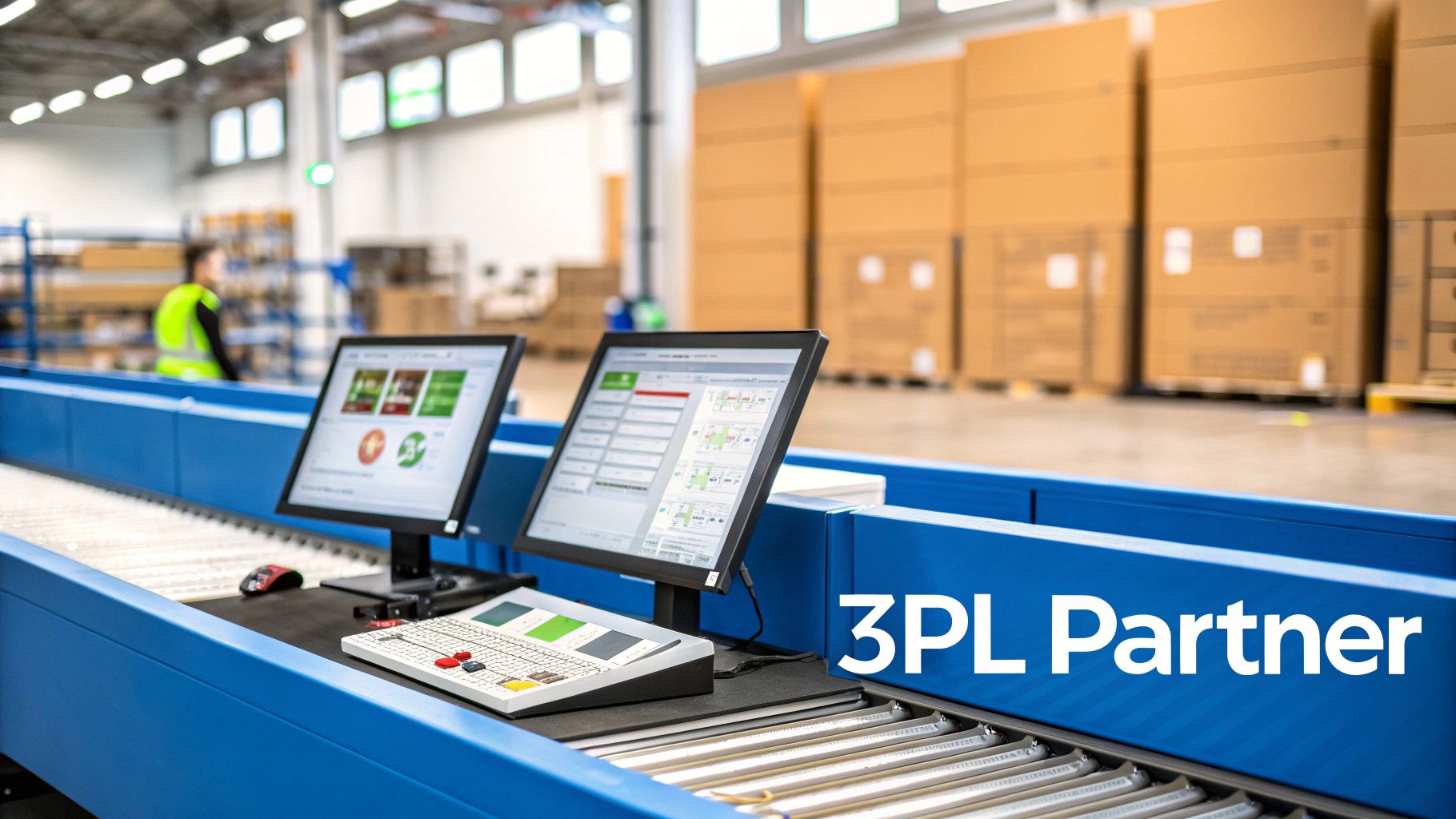 Warehouse with a blue conveyor belt, computer workstations, and a worker, indicating modern logistics operations.