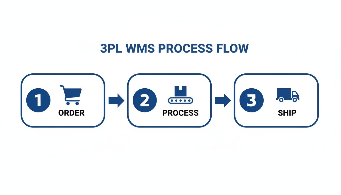 Diagram illustrating the 3PL WMS process flow, from order placement to processing and shipping.