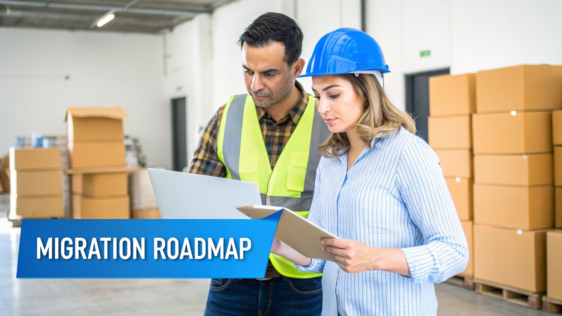 Two workers, a man with a laptop and a woman with a clipboard, review a migration roadmap in a warehouse.
