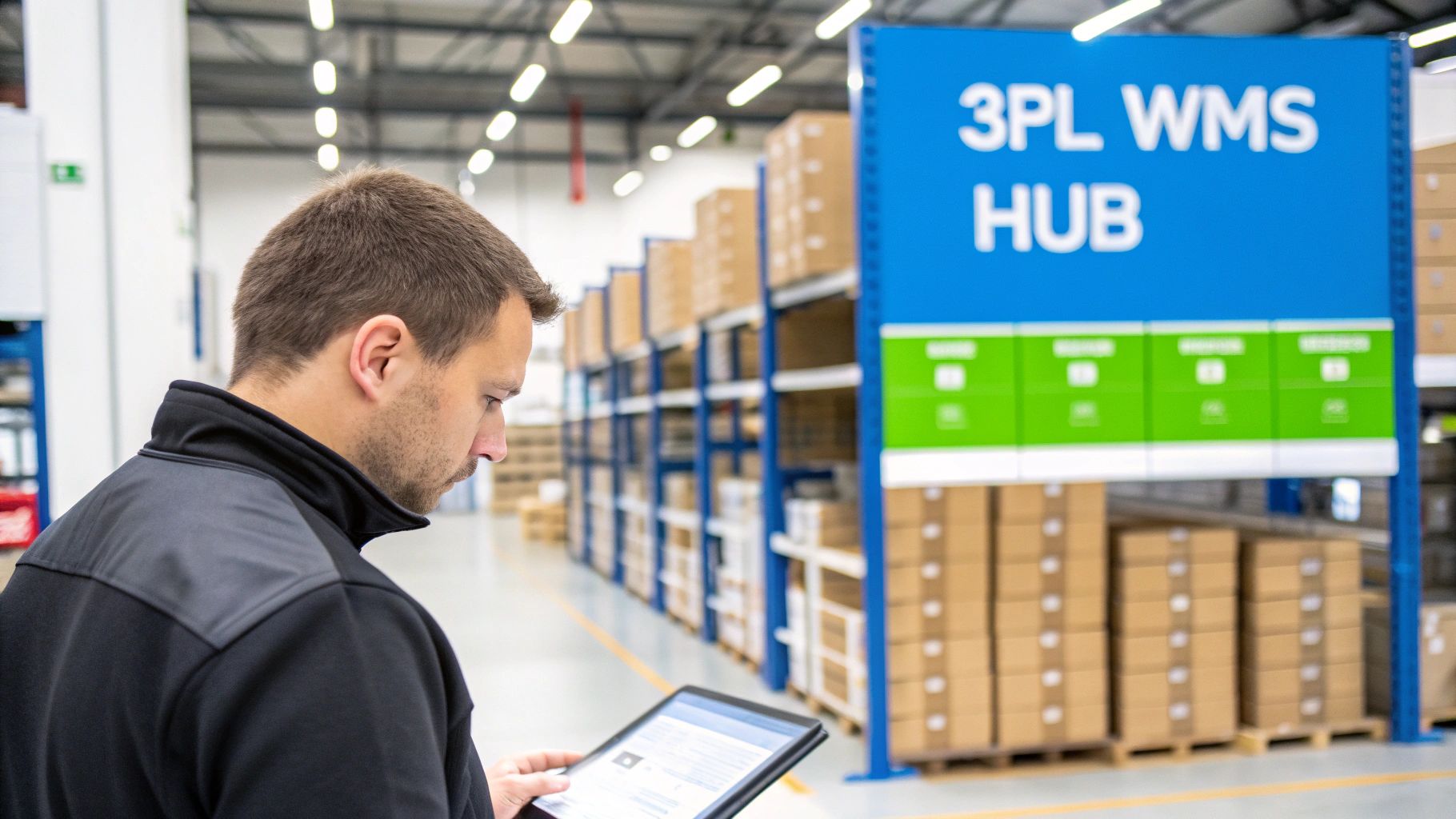 Man in a warehouse checking inventory on a tablet next to a '3PL WMS HUB' sign.