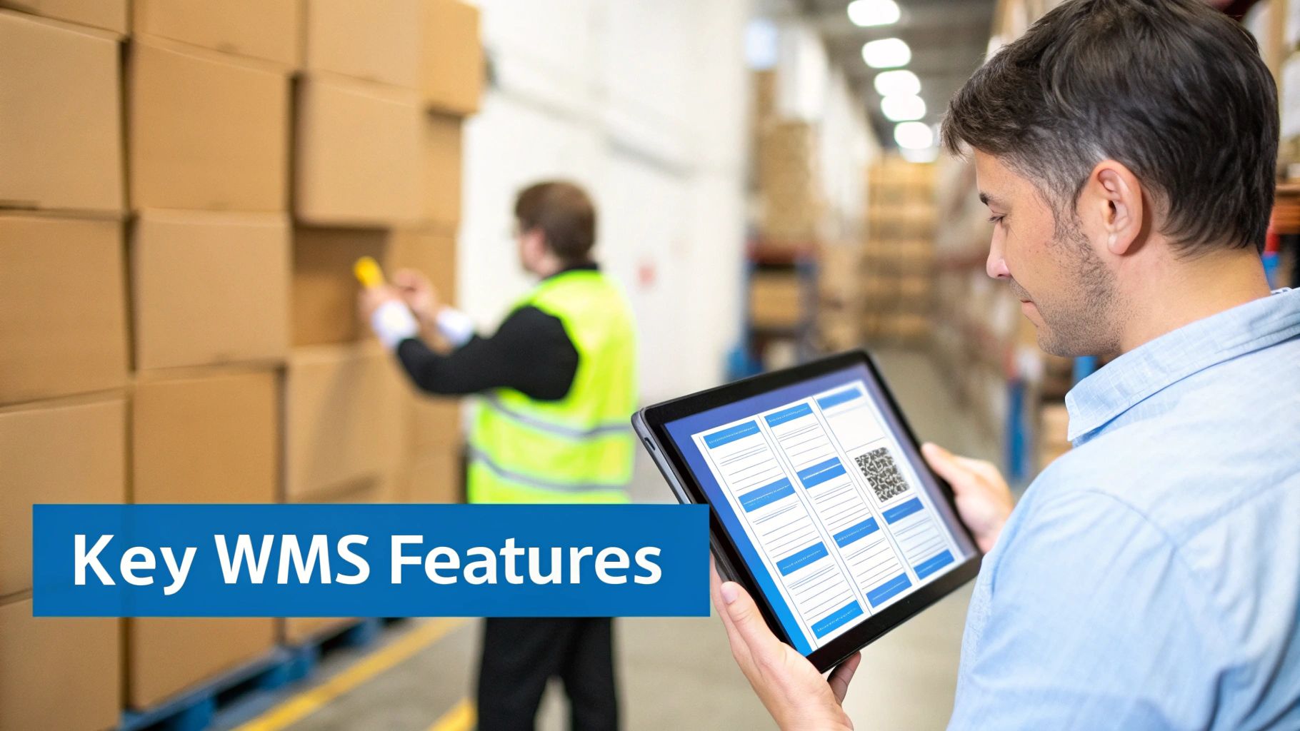 Two men working in a warehouse, one scanning boxes and another using a tablet with WMS features.