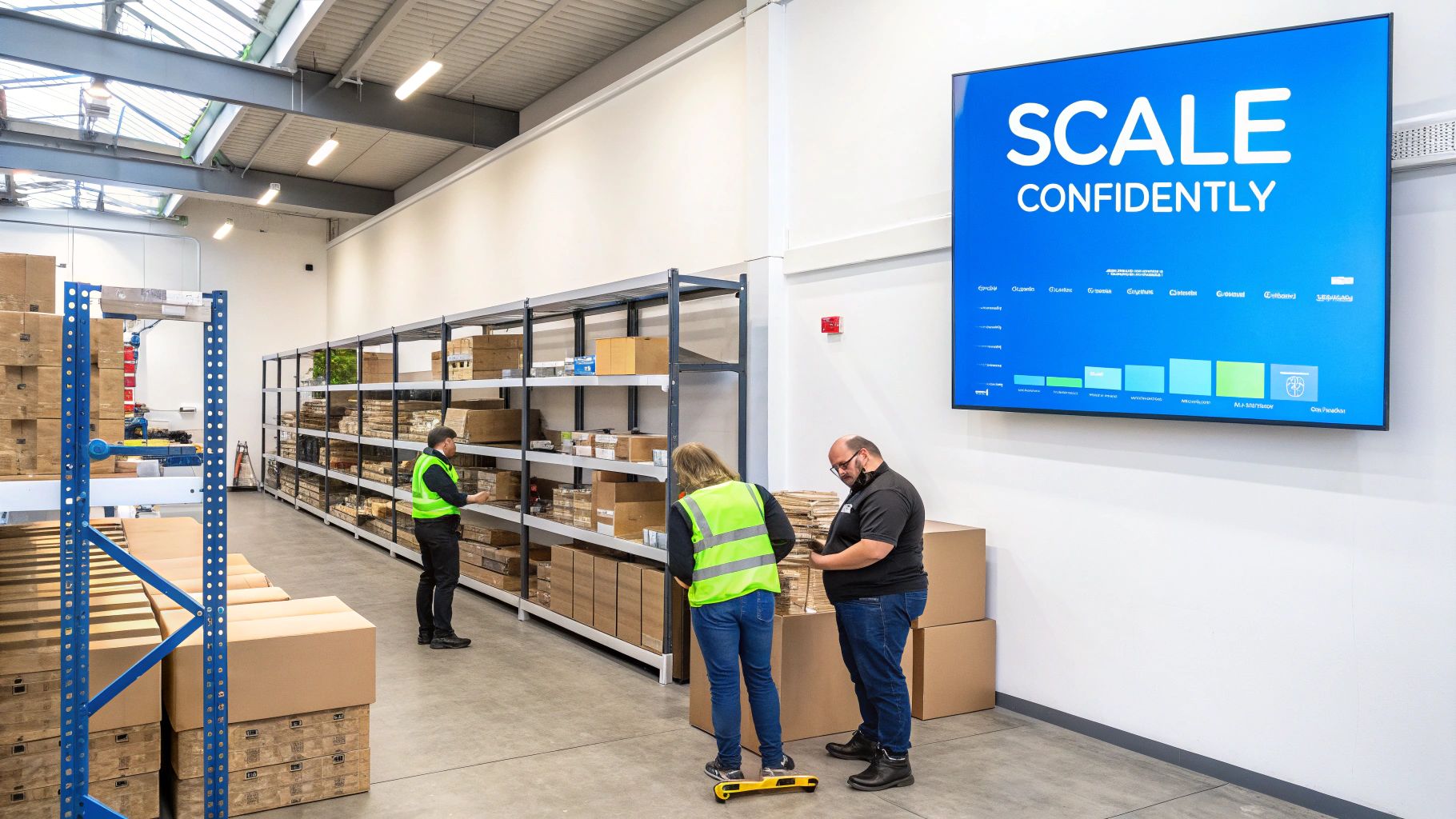 Three warehouse workers manage inventory and operations in a modern facility with a large screen displaying 'SCALE CONFIDENTLY'.