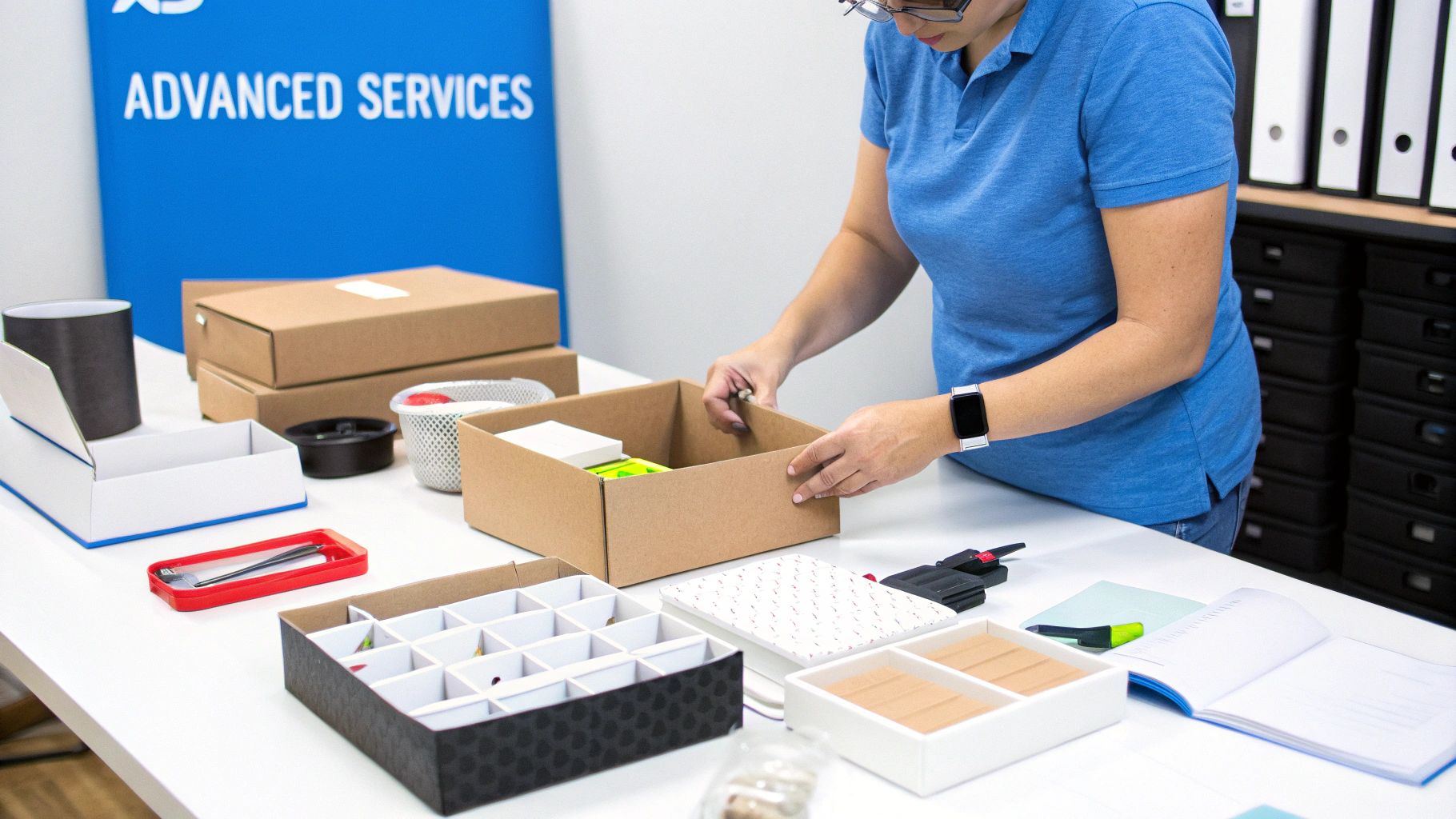 A person is carefully packing various items into a cardboard box on a white table, showcasing fulfillment services.