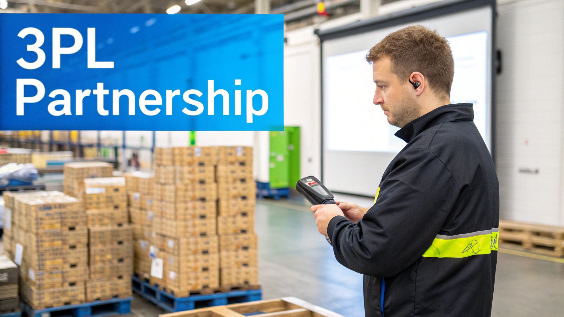 Man in a warehouse scanning packages with a handheld device, a '3PL Partnership' banner in view.