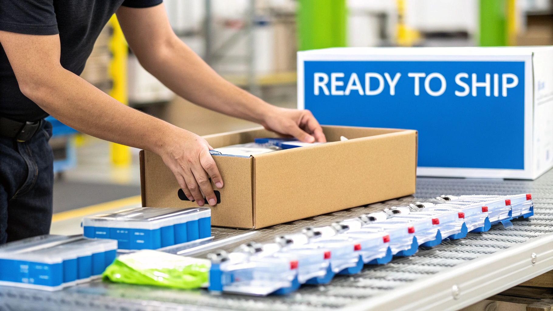 A worker meticulously packs medical supplies into a cardboard box for shipping in a warehouse.