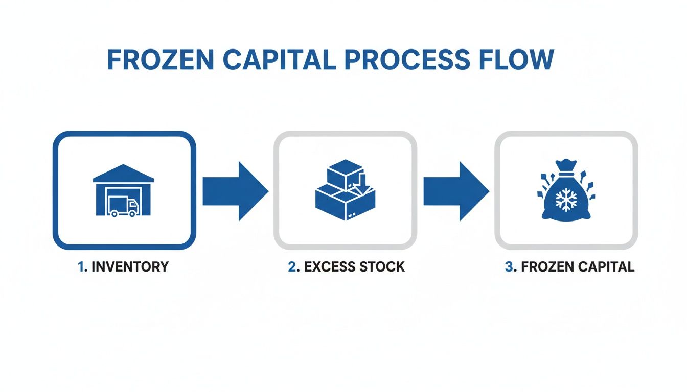 A blue process flow diagram illustrates how inventory can lead to excess stock, resulting in frozen capital.
